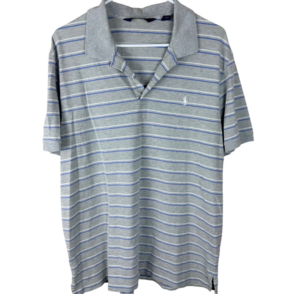 Polo Golf Ralph Lauren Mens XL Pro Fit Striped Polo Shirt Grey Blue Short Sleeve